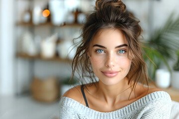Obraz premium A young woman with brown hair and plump lips, cosmetic advertisement. Close-up