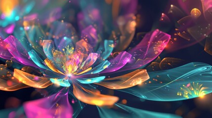 Vibrant abstract digital flower with colorful petals and glowing light effects, creating a mesmerizing and futuristic visual. Concept of digital art, beauty, and creativity.
