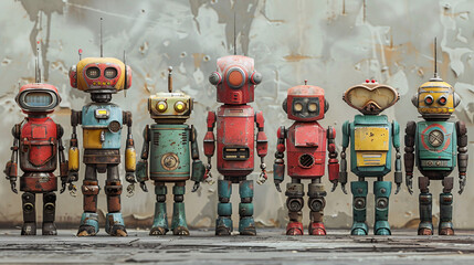 Modern concept art depicting a characterful vintage robot toy collection in a space setting