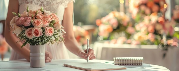 Wedding Planner Focus on a wedding planner organizing details with a notebook, with a wedding venue background, empty space left for text marry valentine