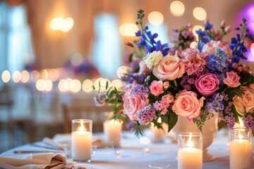 Obraz premium Wedding Table Setting Focus on an elegantly set wedding table with floral centerpieces and candles, with a banquet hall background, empty space right for text marry valentine
