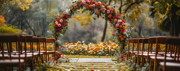 Wedding Venue Focus on a decorated outdoor wedding venue with a floral arch and chairs, with a scenic garden background, empty space left for text marry valentine