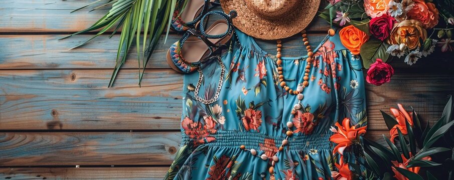 A flat lay of a floral print maxi dress, statement necklace, and a pair of sandals on a wooden surface