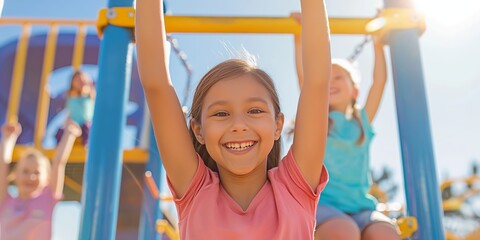 Fototapeta premium A cheerful girl smiling warmly as she plays on the jungle gym, representing the joy, spontaneity, and carefree moments of childhood in a vibrant playground setting.