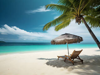 Obraz premium Beautiful beach. Chairs on the sandy beach near the sea. Summer holiday and vacation concept for tourism. Inspirational tropical landscape
