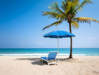Obraz premium Beautiful beach. Chairs on the sandy beach near the sea. Summer holiday and vacation concept for tourism. Inspirational tropical landscape
