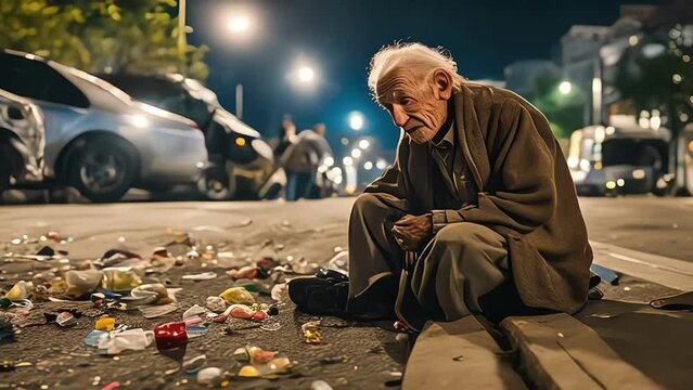 Poor homeless elderly man sits on a shabby street or hideaway. Poverty