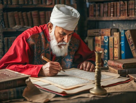 Islamic scholar writing with a traditional reed pen on parchment, surrounded by ancient manuscripts and books, representing the rich intellectual tradition of Islam 