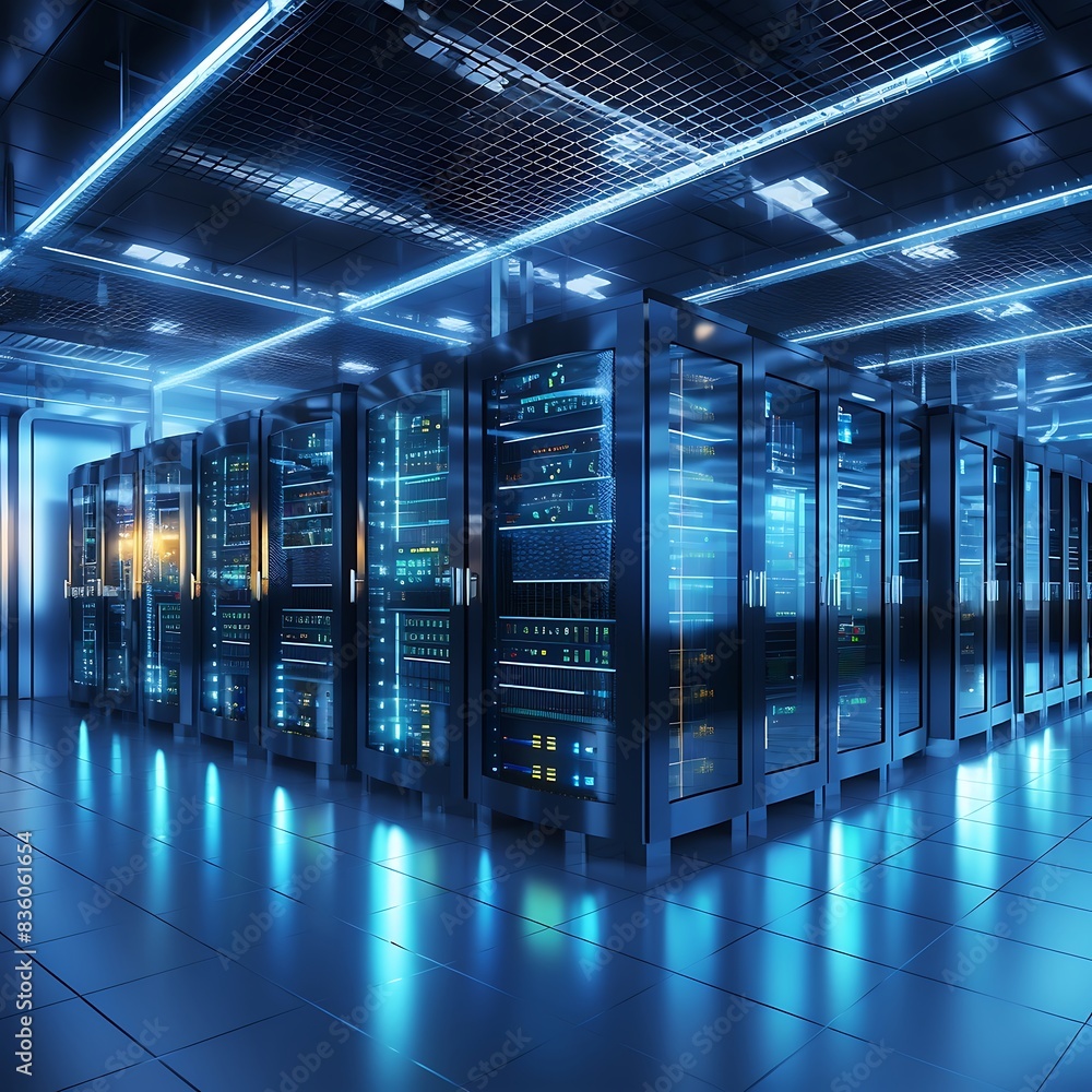 Poster server room data center corridor with blue lights. 3d rendering