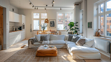 Modern Scandinavian apartment with bright lighting, minimalist decor, and comfortable furnishings