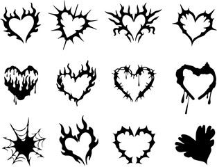 
Icon set of heart with gothic goth rock punk retro style. Stylish heart tattoo sticker. Flame flamed shape. Flat icons vector illustrations isolated on transparent background