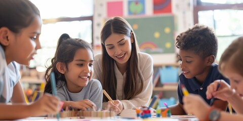 A teacher assists children with a creative classroom project, highlighting the educational engagement, creativity, and nurturing support present in an enriching learning environment.