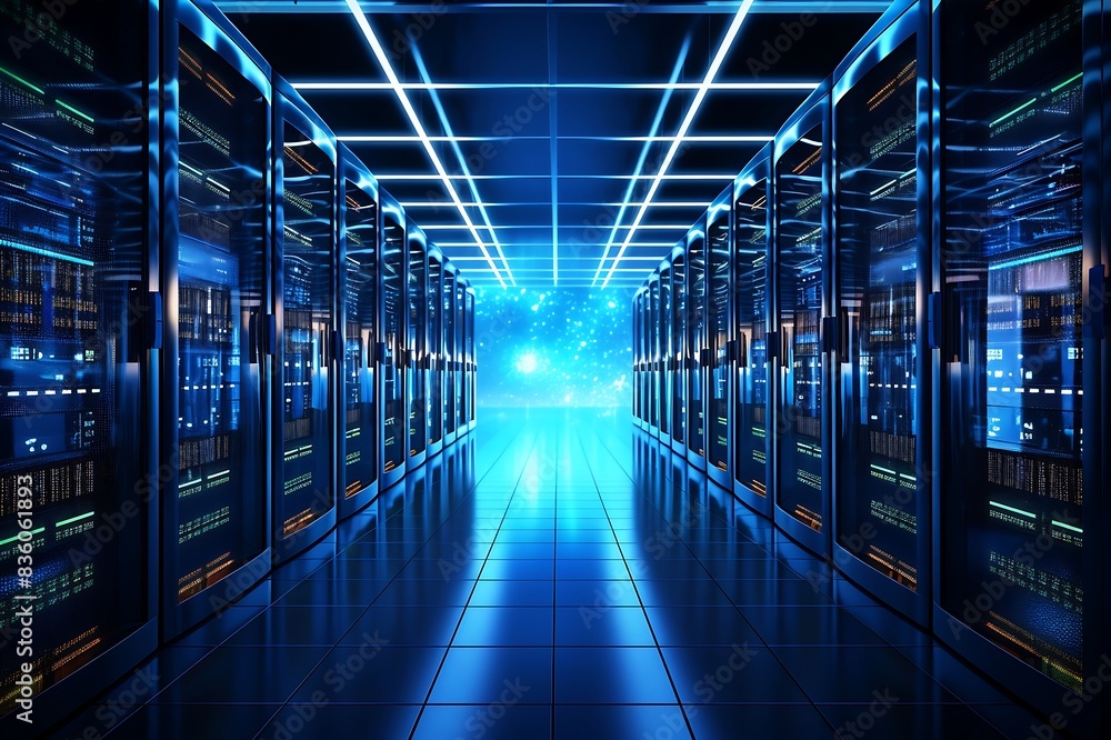Poster server room data center corridor with blue lights. 3d rendering