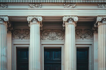 Fototapeta premium Neoclassical building facade with tall columns, detailed friezes, and symmetrical design, embodying the grandeur of classical architecture 