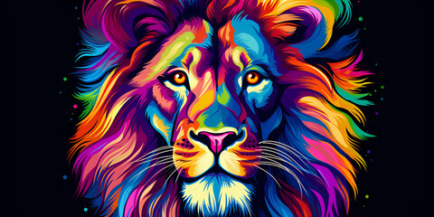 lion head illustration, Ling King Abstract neon multicolored portrait of a Lion king on a dark background Generative AI
