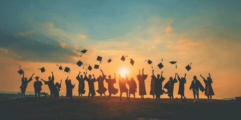A line of graduates silhouetted against a sunset backdrop, throwing their caps into the air, representing the joy, unity, and triumph of completing their educational journey.