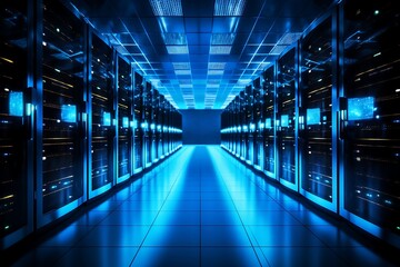 Server room data center corridor with blue lights. 3D Rendering