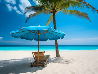 Obraz premium Beautiful beach. Chairs on the sandy beach near the sea. Summer holiday and vacation concept for tourism. Inspirational tropical landscape