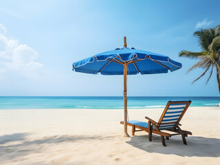 Fototapeta premium Beautiful beach. Chairs on the sandy beach near the sea. Summer holiday and vacation concept for tourism. Inspirational tropical landscape