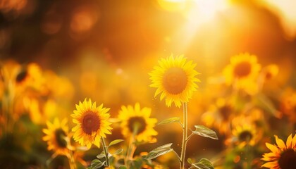 Obraz premium Golden Sunsets: The Radiance of Blooming Sunflowers in a Beautiful Field
