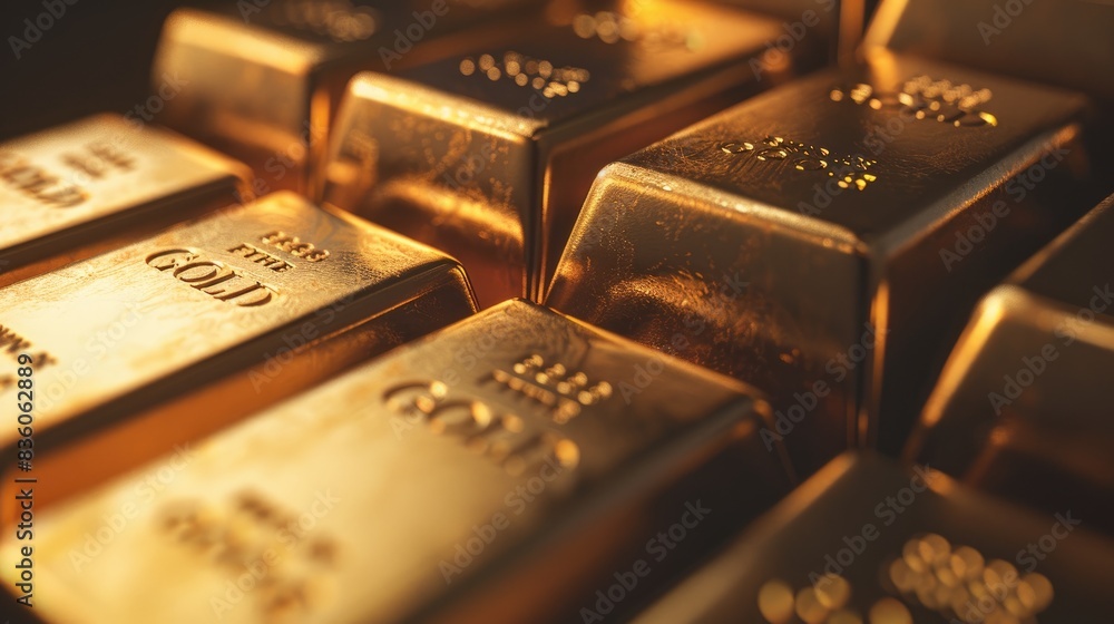 Poster a side view of gold bars stacked in a staggered arrangement, emphasizing their solidity and golden g