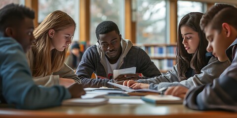 A diverse group of students sits together in a library, focused on studying and helping each other with academic materials, fostering a sense of community, and mutual support.