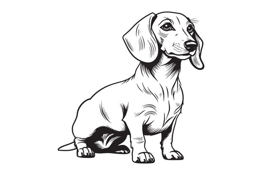 Vector isolated one single sitting dachshund dog black and white silhouette. Template for laser engraving or stencil