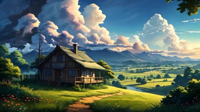 house with beautiful mountain views. with anime or cartoon style, seamless looping 4k video