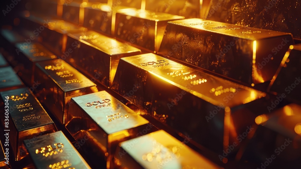 Poster a side view of gold bars stacked in a staggered arrangement, emphasizing their solidity and golden g