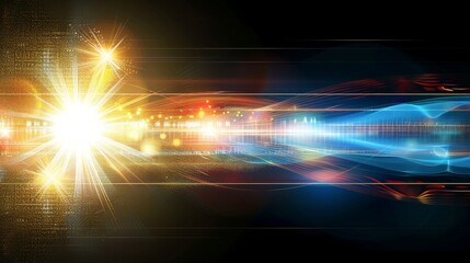 Dynamic light streaks and glowing flares on a dark background, evoking a sense of speed and energy; Concept of motion, power, and futuristic technology