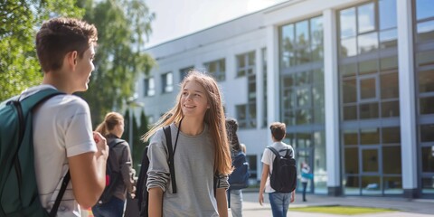 Fototapeta premium A group of students converse and smile outside their school building on a bright sunny day, representing friendship and the joy of shared experiences in an academic setting.