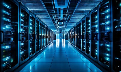 server room data center with rows of server racks. 3d render
