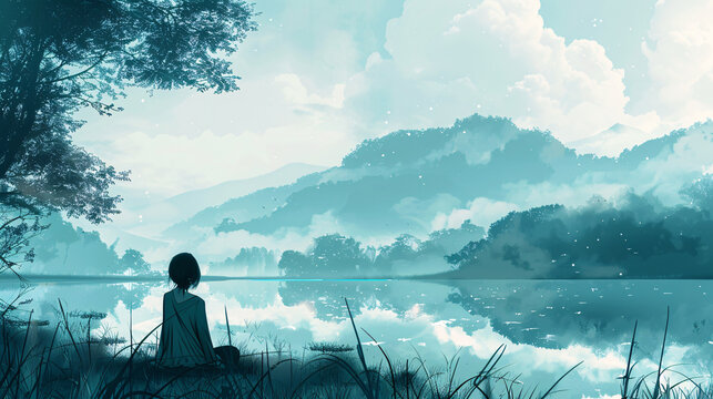 Peaceful landscape illustration of a woman contemplating near a lake, symbolizing harmony with nature and inner peace