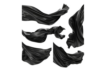 Set of Black flying fabric isolated on transparent background