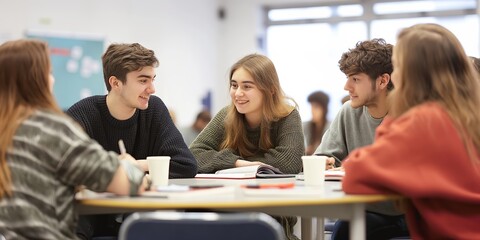 A group of students engaging in a lively discussion during a group study session in a classroom environment, sharing and debating various ideas.