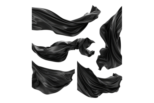 Set of Black flying fabric isolated on transparent background