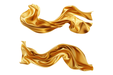 Set of flying luxurious golden silk isolated on transparent background