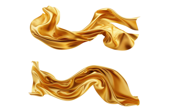 Set of flying luxurious golden silk isolated on transparent background