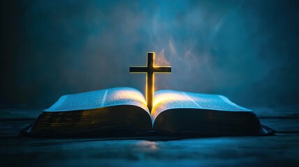 open Holy Bible with blue christian cross with sun rays and smoke, on blue background for overlay