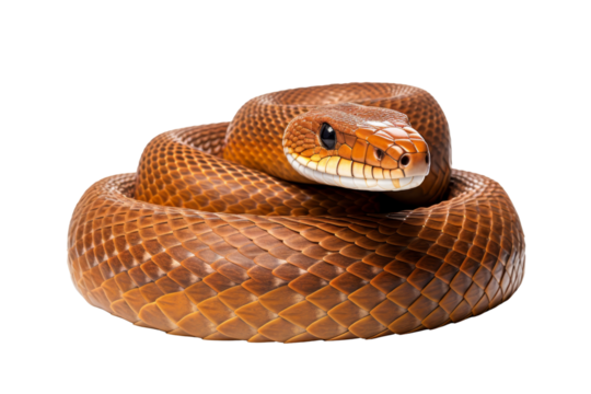Close-up of a coiled brown snake with detailed scales and piercing eyes on a transparent background.