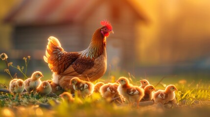 Hen surrounded by a group of chicks in a sunlit farmyard, capturing a warm and nurturing scene. Concept of motherhood, nature, and rural life.
