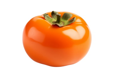 Close-up of an orange persimmon fruit isolated on a transparent background. showcasing its smooth texture, vibrant color, and green leafy top.