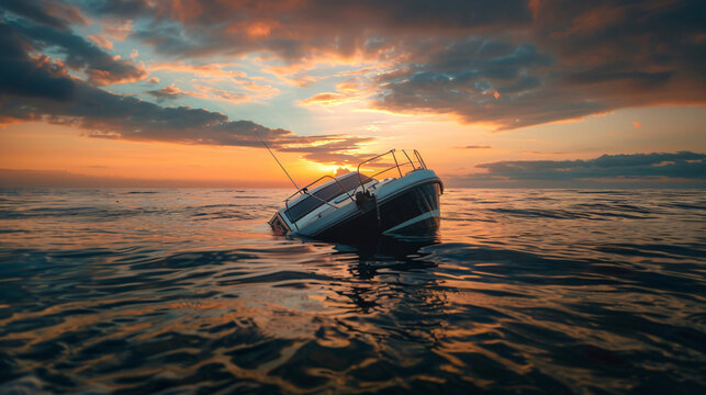 Serene but somber scene of a capsized boat afloat under a golden sunset sky