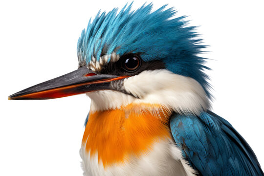 recommend clip art: Close-up of a vibrant blue and orange kingfisher bird with detailed feathers, isolated on a transparent background.