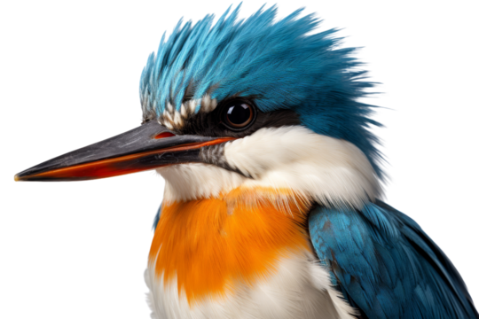 Close-up of a vibrant blue and orange kingfisher bird with detailed feathers, isolated on a transparent background.