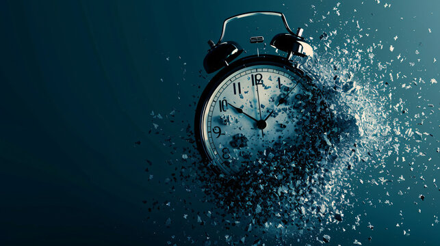 Abstract image of an exploding alarm clock against a dark background, symbolizing urgency or time running out