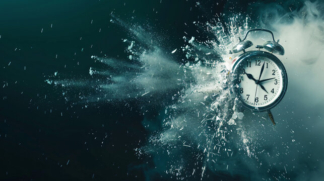 Classic alarm clock exploding in mid-air captured at high speed