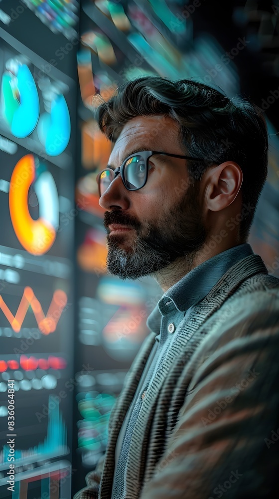 Poster focused business analyst examining data visualization on large screen in urban setting