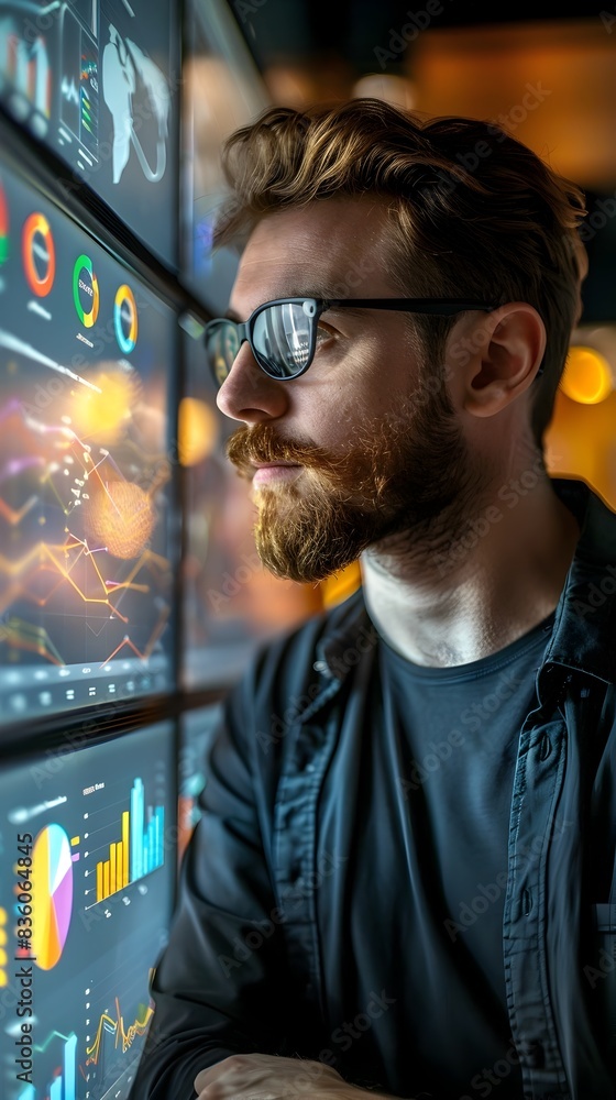 Poster focused business analyst examining data visualization on large computer screen in office setting