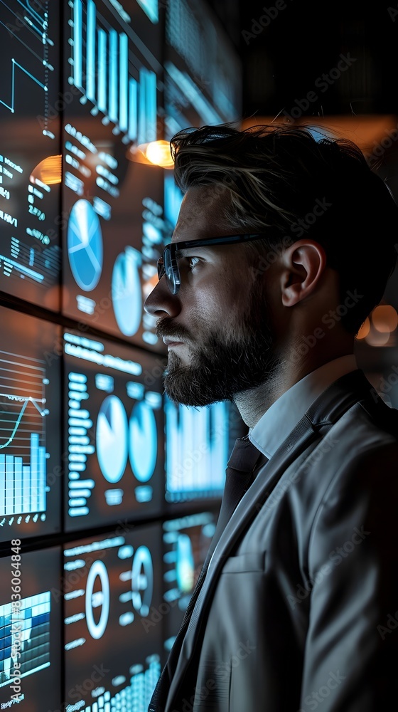 Poster focused business analyst studying data visualization on large digital screen in modern office enviro